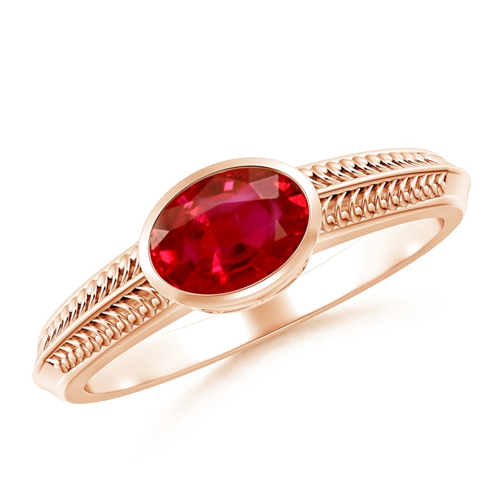 7x5mm AAA Vintage Inspired Bezel-Set Oval Ruby Ring with Grooves in Rose Gold 