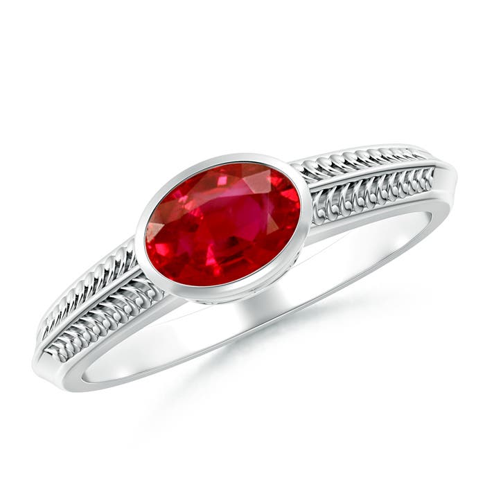 7x5mm AAA Vintage Inspired Bezel-Set Oval Ruby Ring with Grooves in White Gold
