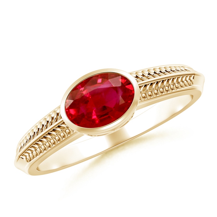 7x5mm AAA Vintage Inspired Bezel-Set Oval Ruby Ring with Grooves in Yellow Gold