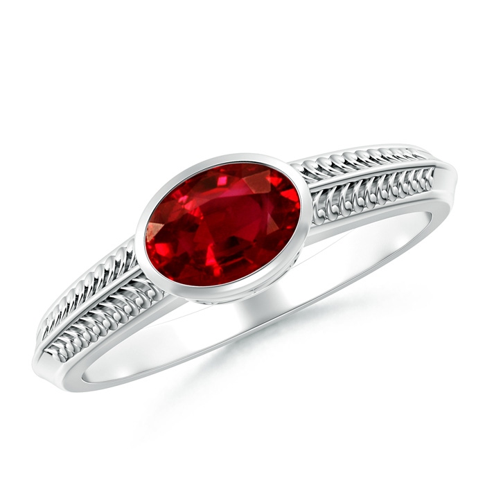 7x5mm AAAA Vintage Inspired Bezel-Set Oval Ruby Ring with Grooves in P950 Platinum