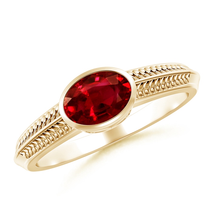 7x5mm AAAA Vintage Inspired Bezel-Set Oval Ruby Ring with Grooves in Yellow Gold