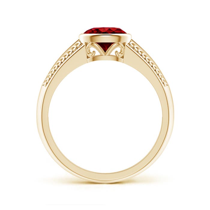 7x5mm AAAA Vintage Inspired Bezel-Set Oval Ruby Ring with Grooves in Yellow Gold - side 1