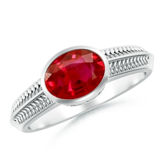 8x6mm AAA Vintage Inspired Bezel-Set Oval Ruby Ring with Grooves in P950 Platinum
