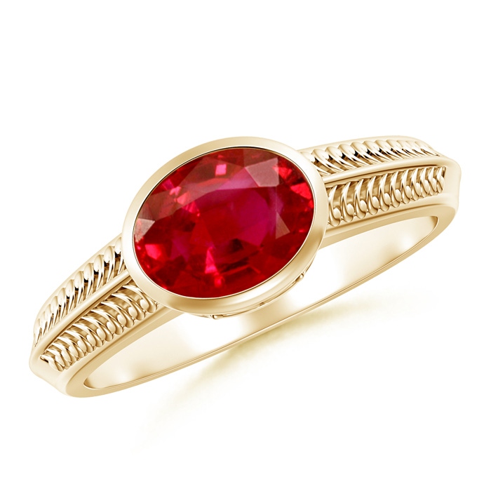 8x6mm AAA Vintage Inspired Bezel-Set Oval Ruby Ring with Grooves in Yellow Gold