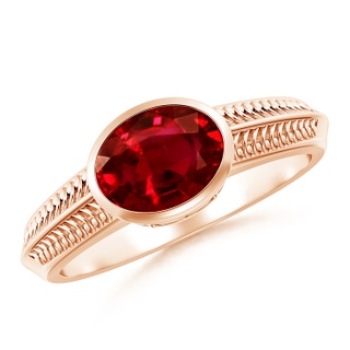 8x6mm AAAA Vintage Inspired Bezel-Set Oval Ruby Ring with Grooves in 9K Rose Gold