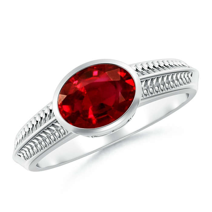 8x6mm Lab-Grown Vintage Inspired Bezel-Set Oval Ruby Ring with Grooves in White Gold