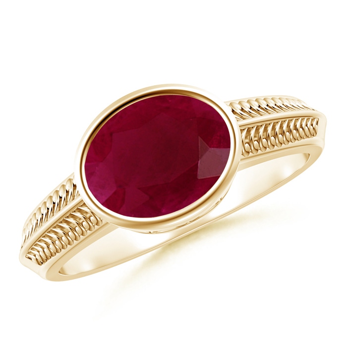 9x7mm A Vintage Inspired Bezel-Set Oval Ruby Ring with Grooves in Yellow Gold 