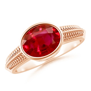 9x7mm AAA Vintage Inspired Bezel-Set Oval Ruby Ring with Grooves in 9K Rose Gold
