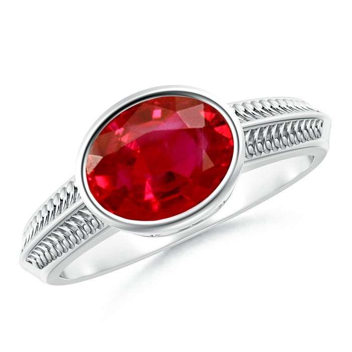 9x7mm AAA Vintage Inspired Bezel-Set Oval Ruby Ring with Grooves in P950 Platinum 