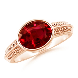 9x7mm AAAA Vintage Inspired Bezel-Set Oval Ruby Ring with Grooves in 9K Rose Gold