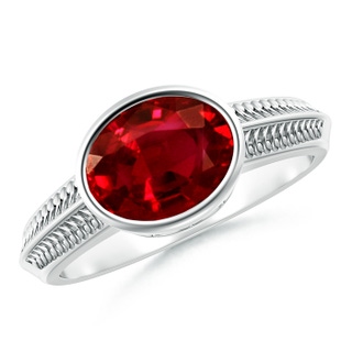 9x7mm AAAA Vintage Inspired Bezel-Set Oval Ruby Ring with Grooves in P950 Platinum