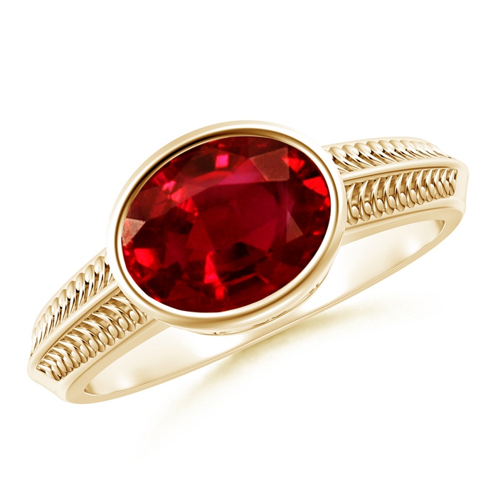 9x7mm Lab-Grown Vintage Inspired Bezel-Set Oval Ruby Ring with Grooves in Yellow Gold 