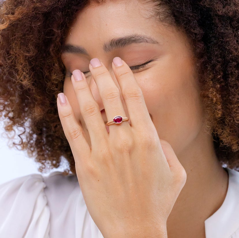 Vintage Inspired Bezel-Set Oval Ruby Ring with Grooves