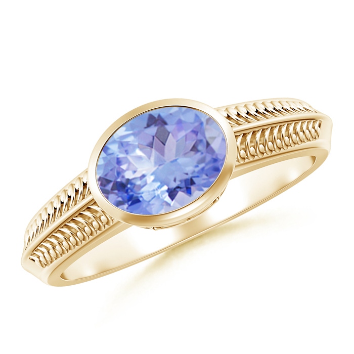8x6mm A Vintage Inspired Bezel-Set Oval Tanzanite Ring with Grooves in Yellow Gold 