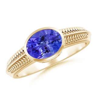 8x6mm AAA Vintage Inspired Bezel-Set Oval Tanzanite Ring with Grooves in Yellow Gold