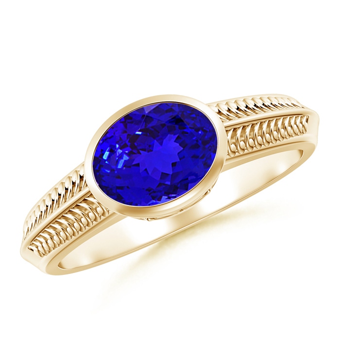 8x6mm AAAA Vintage Inspired Bezel-Set Oval Tanzanite Ring with Grooves in Yellow Gold