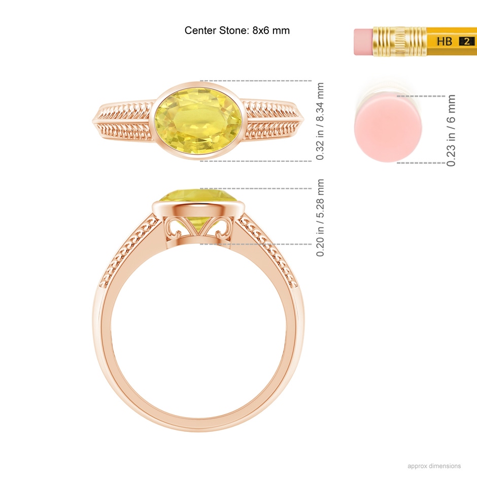 8x6mm A Vintage Inspired Bezel-Set Yellow Sapphire Ring with Grooves in Rose Gold ruler