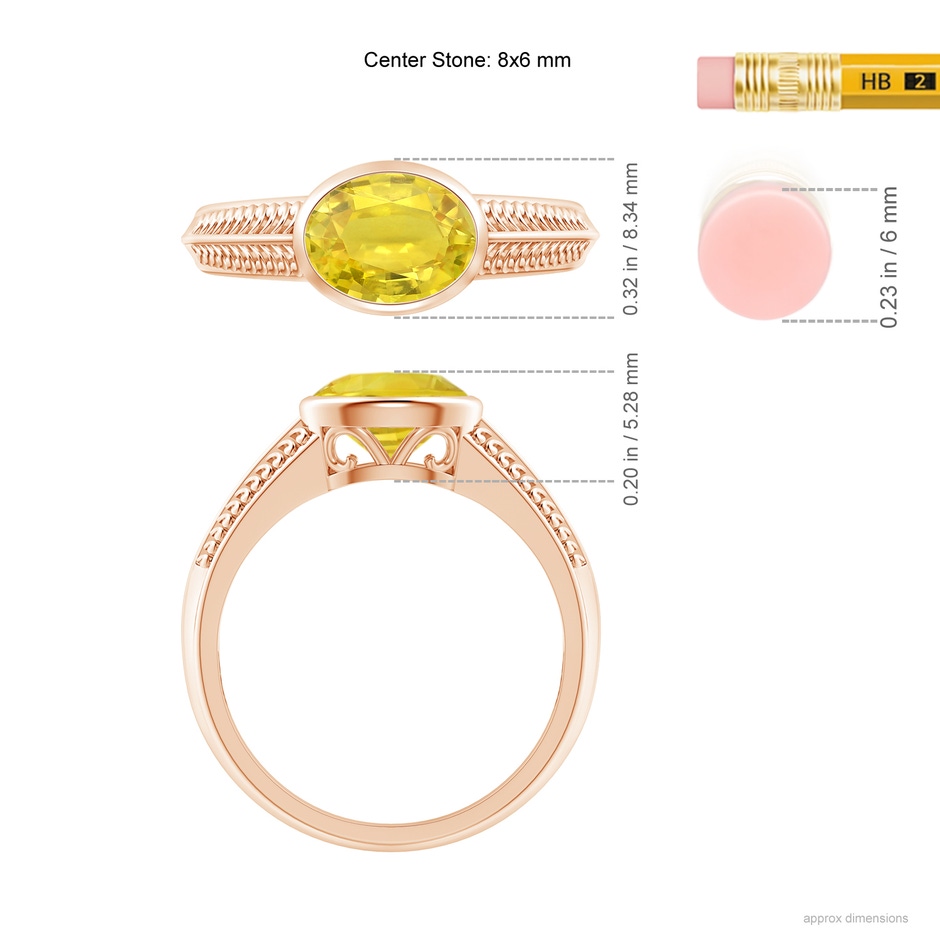 8x6mm AA Vintage Inspired Bezel-Set Yellow Sapphire Ring with Grooves in Rose Gold ruler