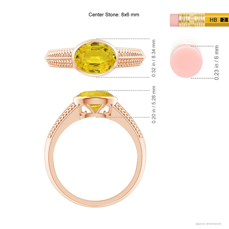 8x6mm AAA Vintage Inspired Bezel-Set Yellow Sapphire Ring with Grooves in Rose Gold ruler