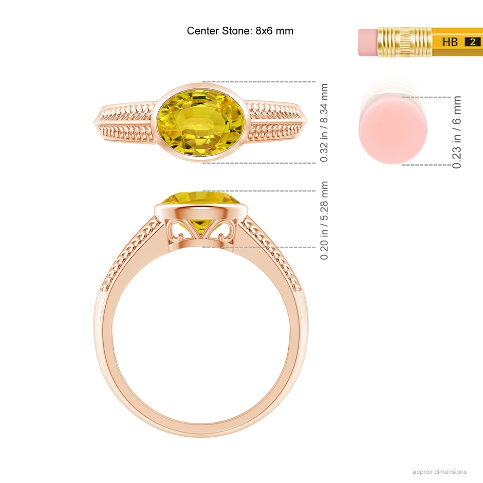 8x6mm AAAA Vintage Inspired Bezel-Set Yellow Sapphire Ring with Grooves in 18K Rose Gold ruler