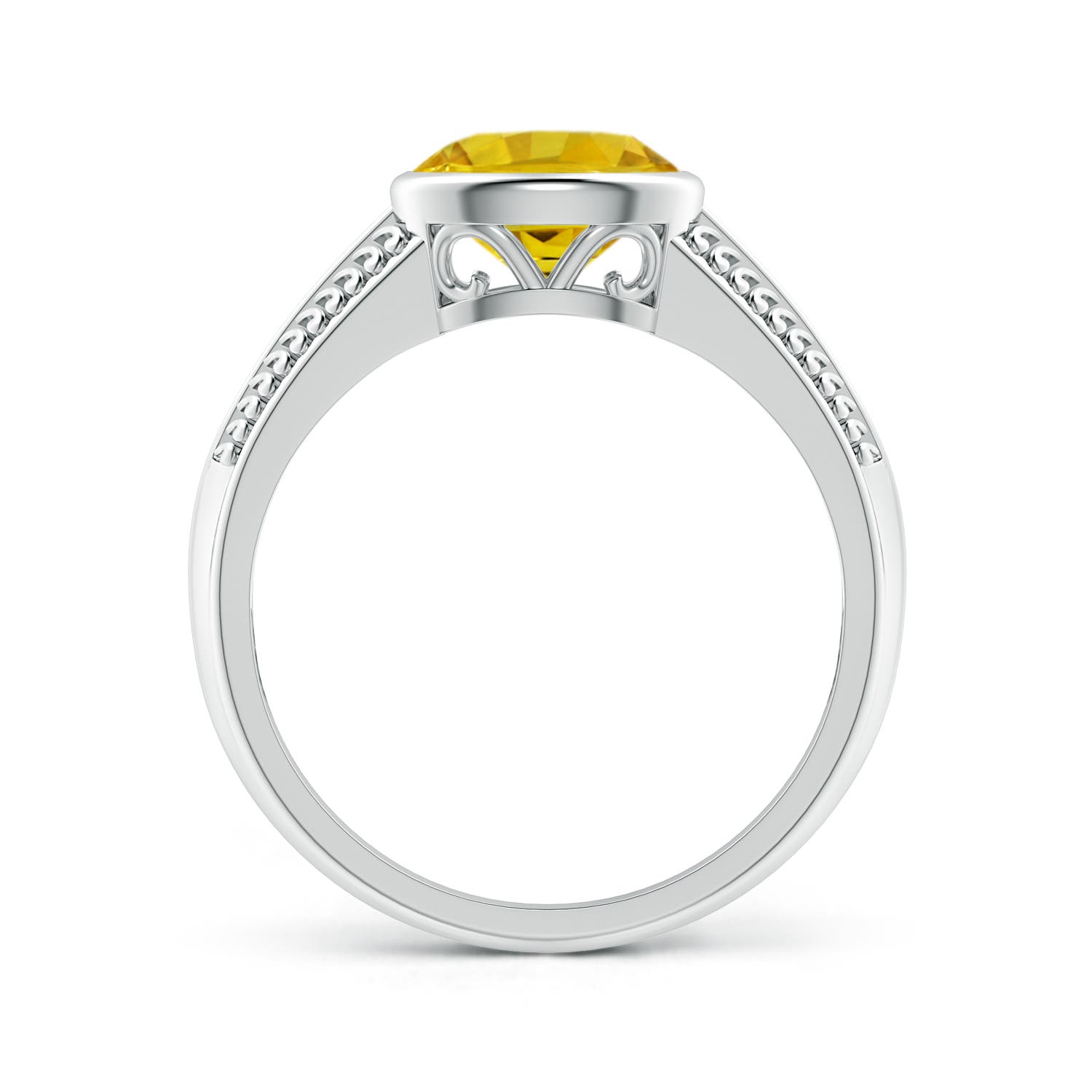 8x6mm AAAA Vintage Inspired Bezel-Set Yellow Sapphire Ring with Grooves in White Gold - side 3