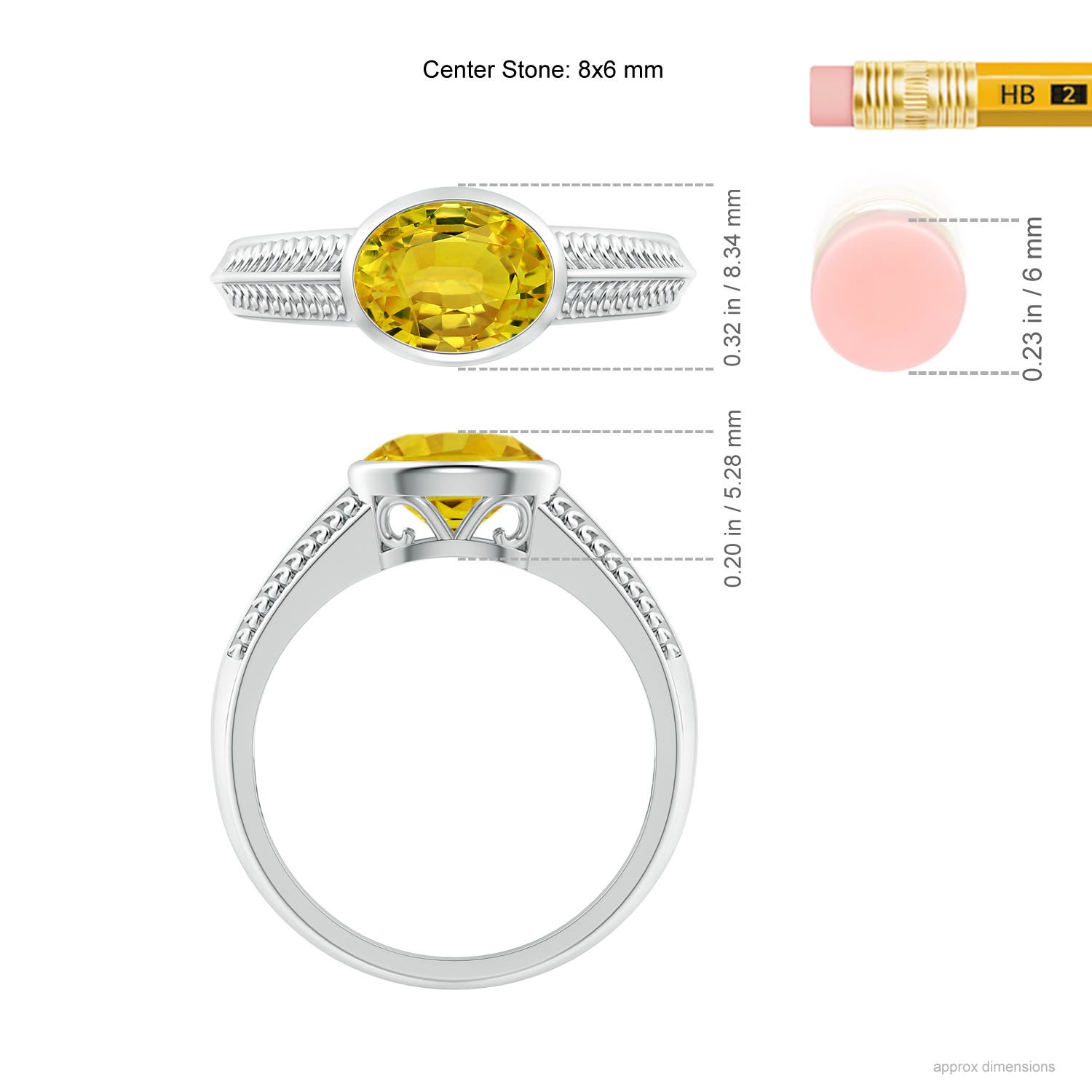 8x6mm AAAA Vintage Inspired Bezel-Set Yellow Sapphire Ring with Grooves in White Gold - ruler