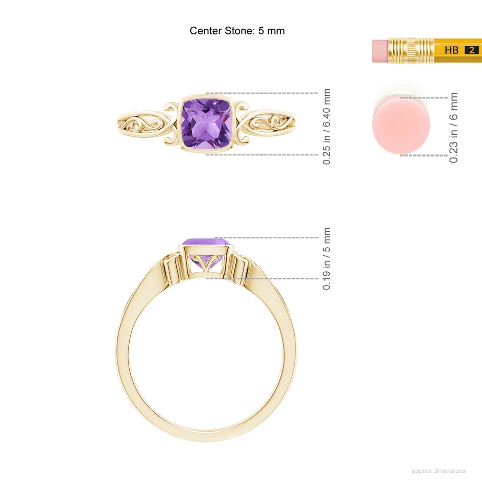 5mm A Vintage Style Cushion Amethyst Solitaire Ring in 10K Yellow Gold ruler