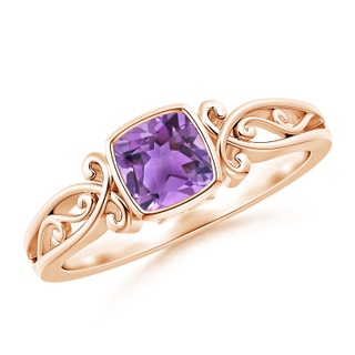 5mm AA Vintage Style Cushion Amethyst Solitaire Ring in 10K Rose Gold