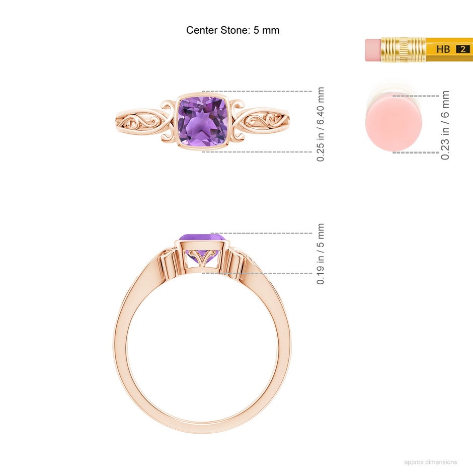 5mm AA Vintage Style Cushion Amethyst Solitaire Ring in Rose Gold ruler