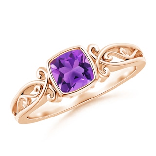 5mm AAA Vintage Style Cushion Amethyst Solitaire Ring in 10K Rose Gold