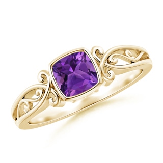 5mm AAAA Vintage Style Cushion Amethyst Solitaire Ring in 10K Yellow Gold