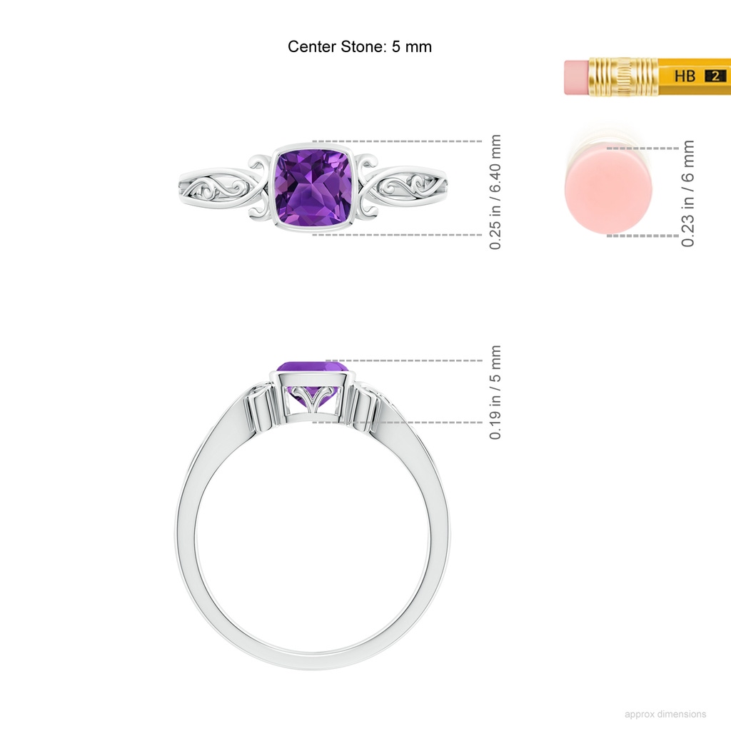 5mm AAAA Vintage Style Cushion Amethyst Solitaire Ring in P950 Platinum ruler