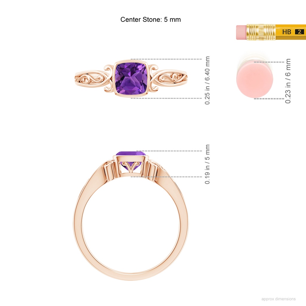 5mm AAAA Vintage Style Cushion Amethyst Solitaire Ring in Rose Gold ruler