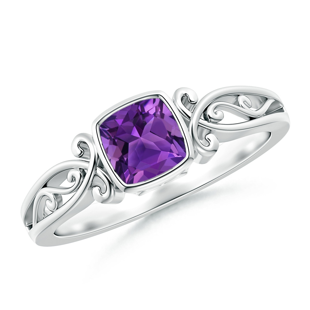 5mm AAAA Vintage Style Cushion Amethyst Solitaire Ring in White Gold