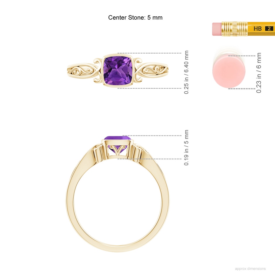 5mm AAAA Vintage Style Cushion Amethyst Solitaire Ring in Yellow Gold ruler
