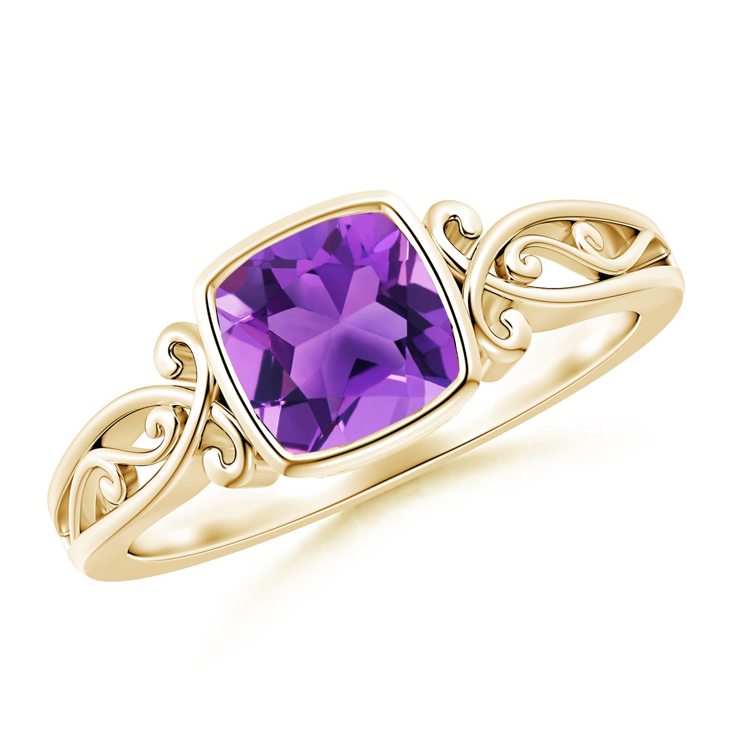 6mm AAA Vintage Style Cushion Amethyst Solitaire Ring in 18K Yellow Gold