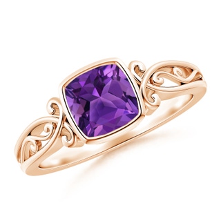 6mm AAAA Vintage Style Cushion Amethyst Solitaire Ring in 18K Rose Gold