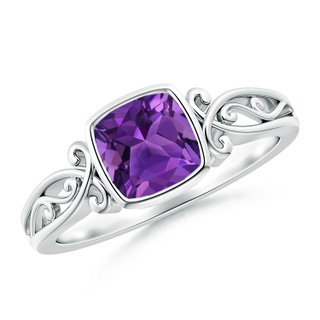 6mm AAAA Vintage Style Cushion Amethyst Solitaire Ring in 18K White Gold