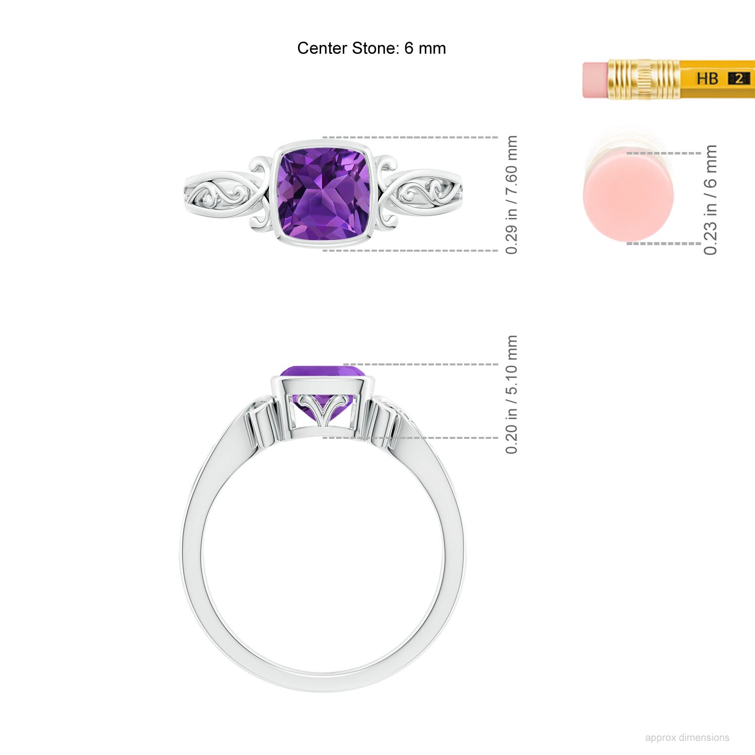 6mm AAAA Vintage Style Cushion Amethyst Solitaire Ring in White Gold - ruler