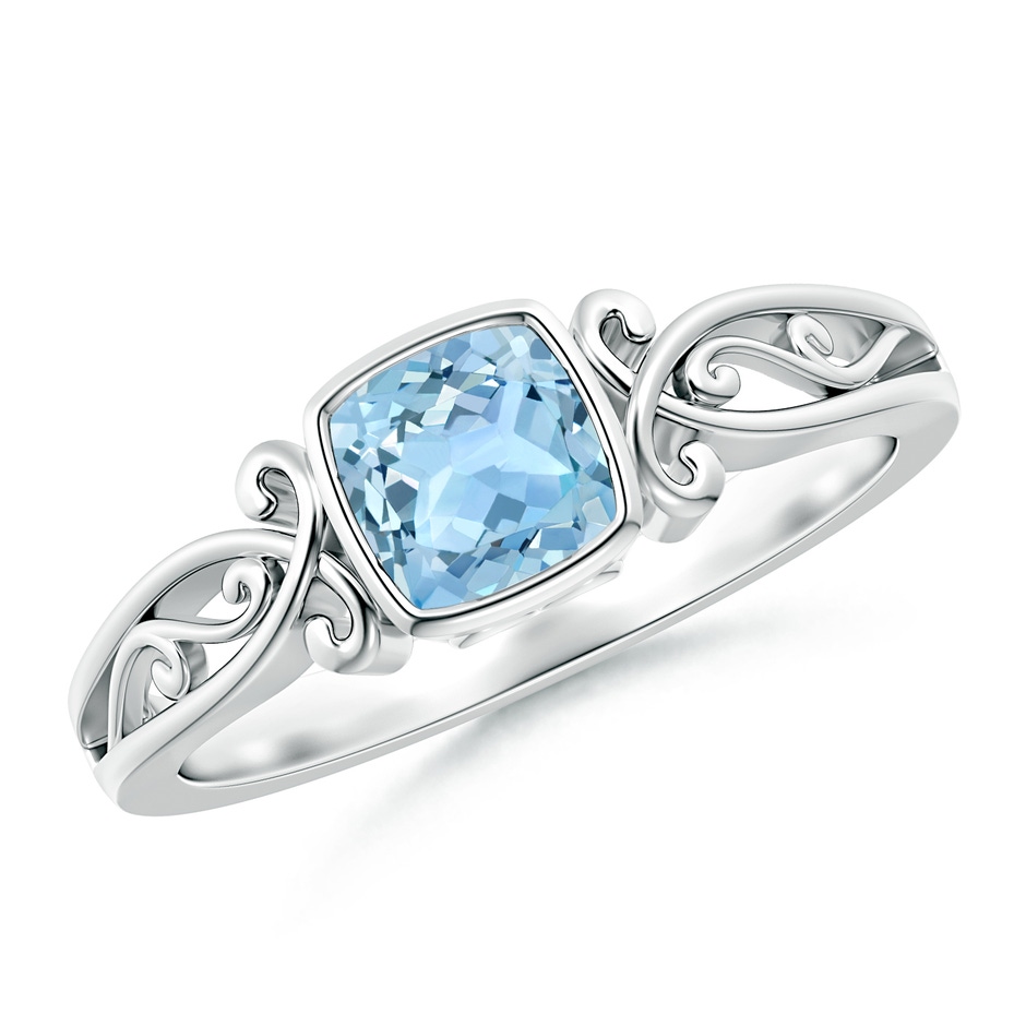5mm AAA Vintage Style Cushion Aquamarine Solitaire Ring in 18K White Gold 