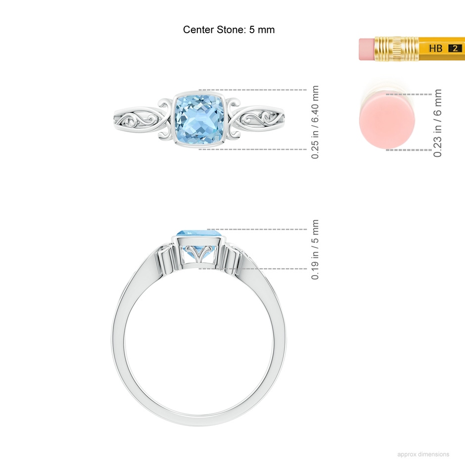 5mm AAA Vintage Style Cushion Aquamarine Solitaire Ring in 18K White Gold ruler