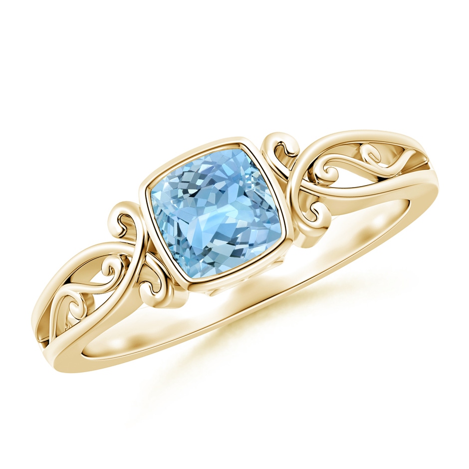 5mm AAAA Vintage Style Cushion Aquamarine Solitaire Ring in 18K Yellow Gold 