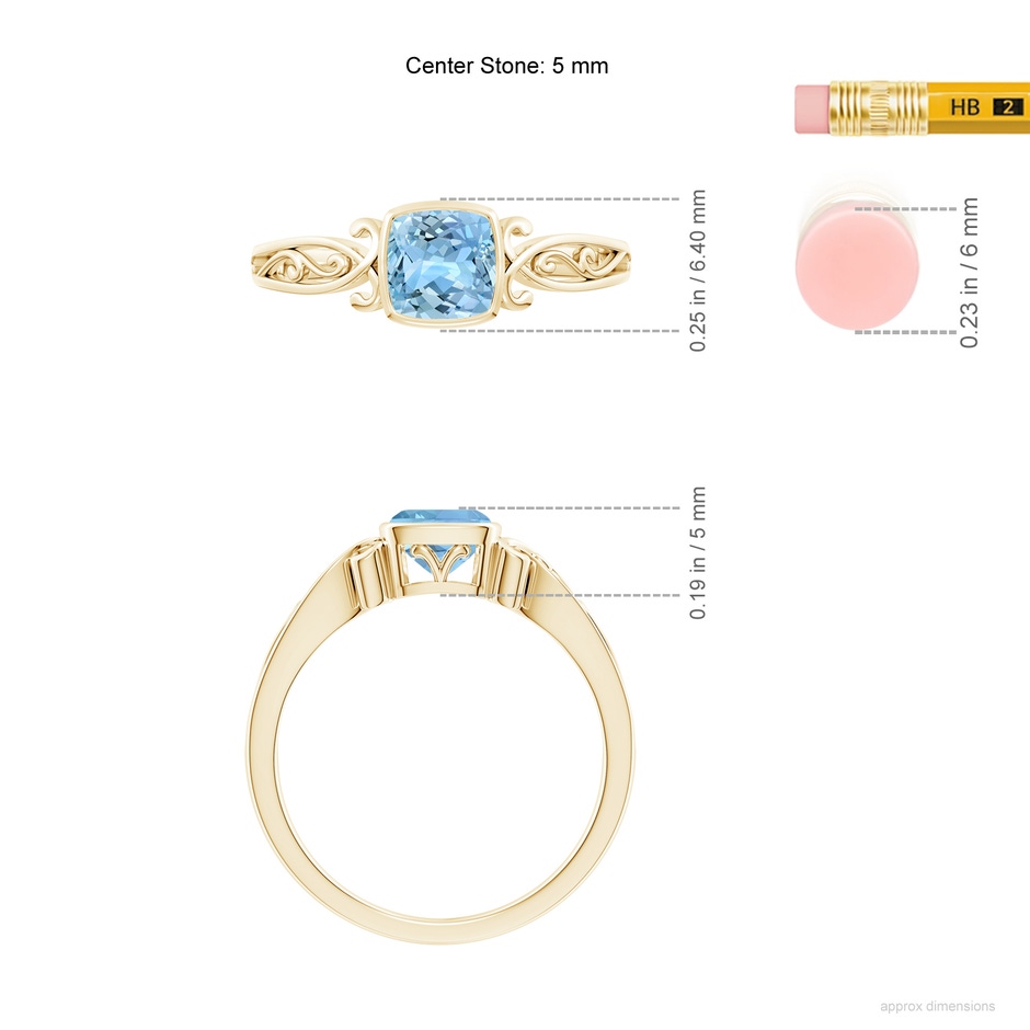 5mm AAAA Vintage Style Cushion Aquamarine Solitaire Ring in 18K Yellow Gold ruler