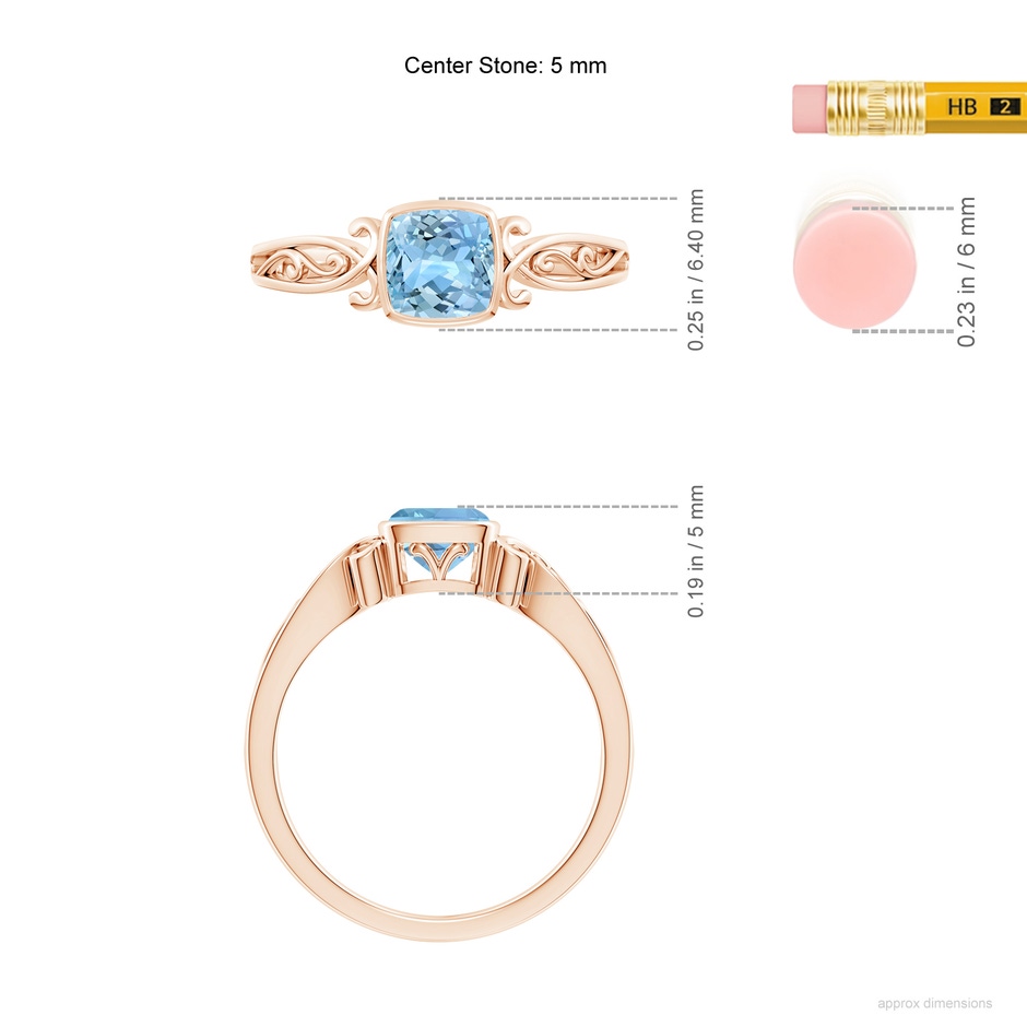5mm AAAA Vintage Style Cushion Aquamarine Solitaire Ring in Rose Gold ruler