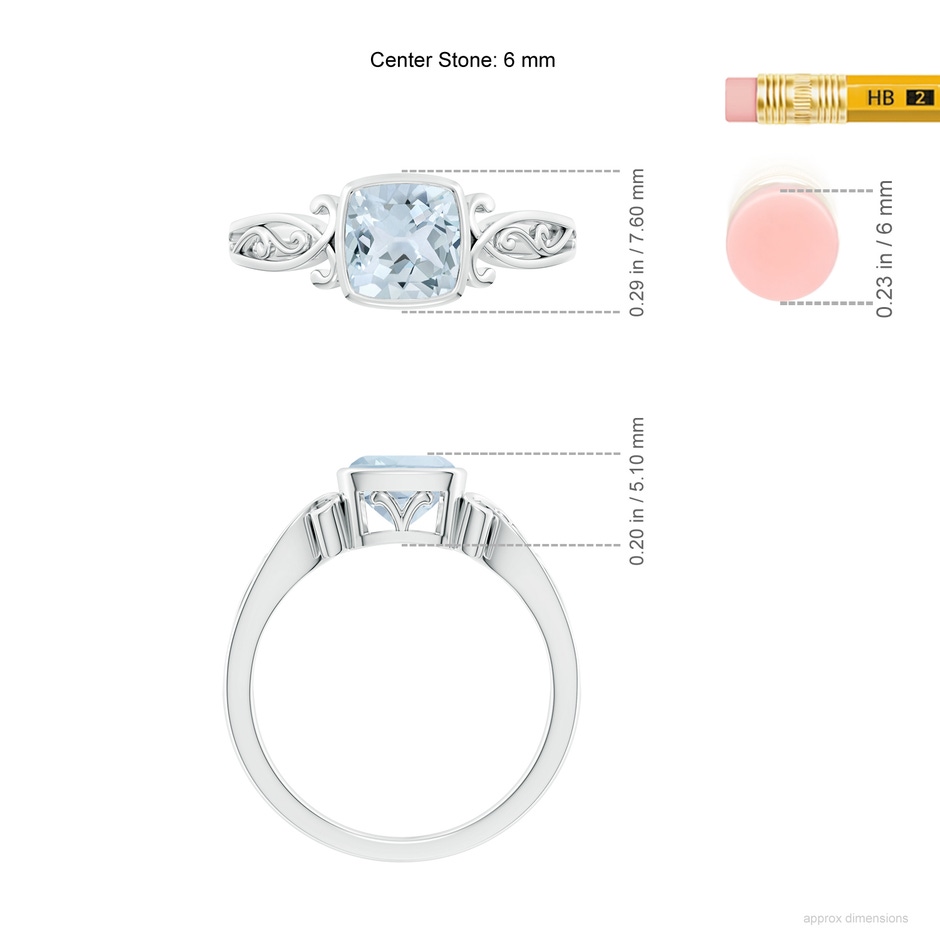 6mm A Vintage Style Cushion Aquamarine Solitaire Ring in 18K White Gold ruler
