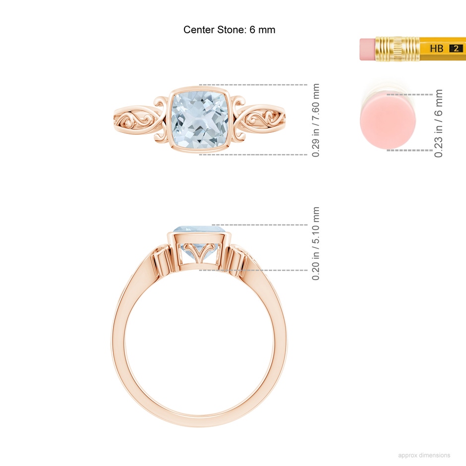 6mm A Vintage Style Cushion Aquamarine Solitaire Ring in Rose Gold ruler