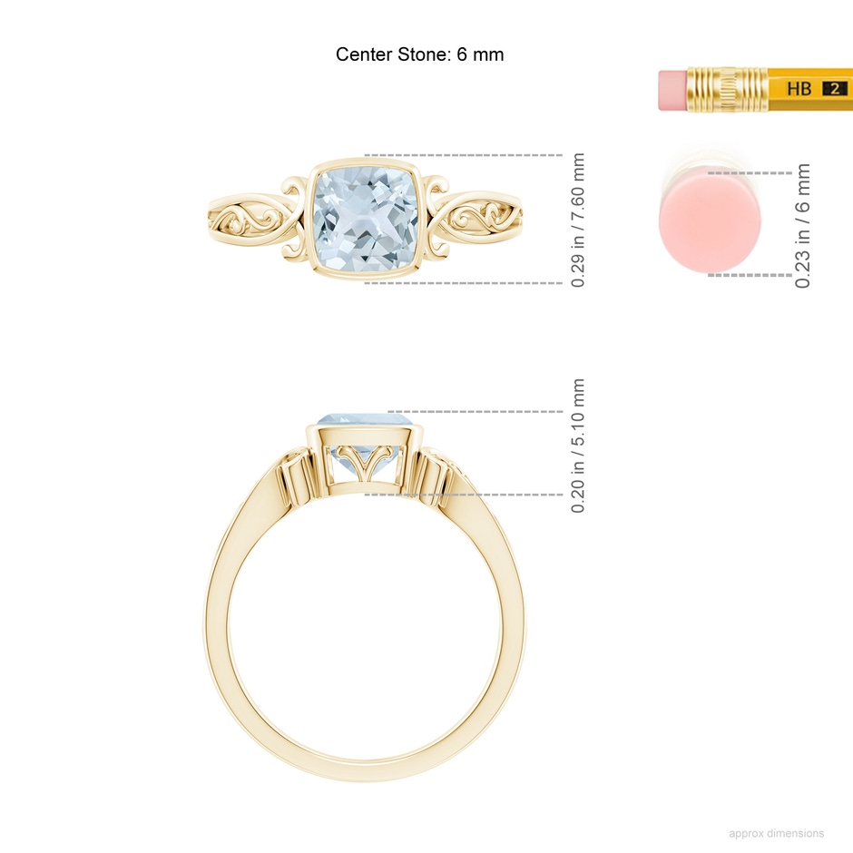 6mm A Vintage Style Cushion Aquamarine Solitaire Ring in Yellow Gold ruler