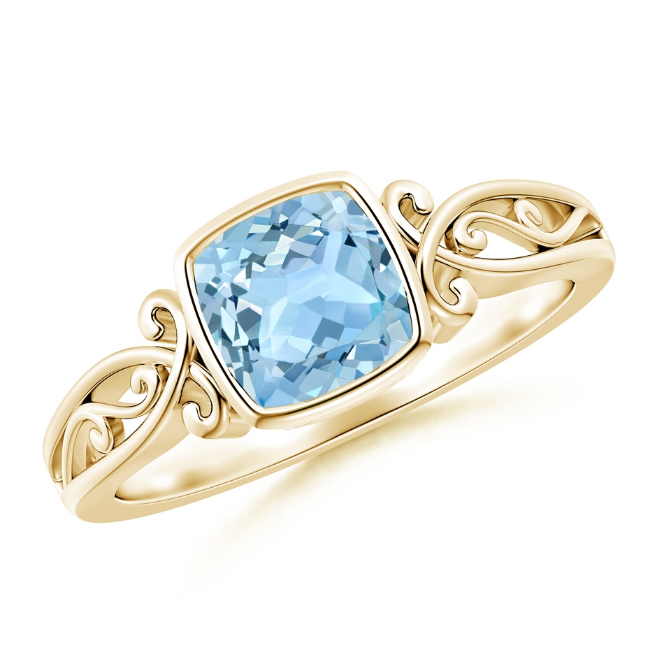 6mm AAA Vintage Style Cushion Aquamarine Solitaire Ring in 18K Yellow Gold 