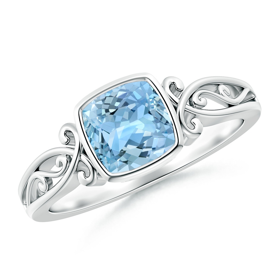 6mm AAAA Vintage Style Cushion Aquamarine Solitaire Ring in 18K White Gold 
