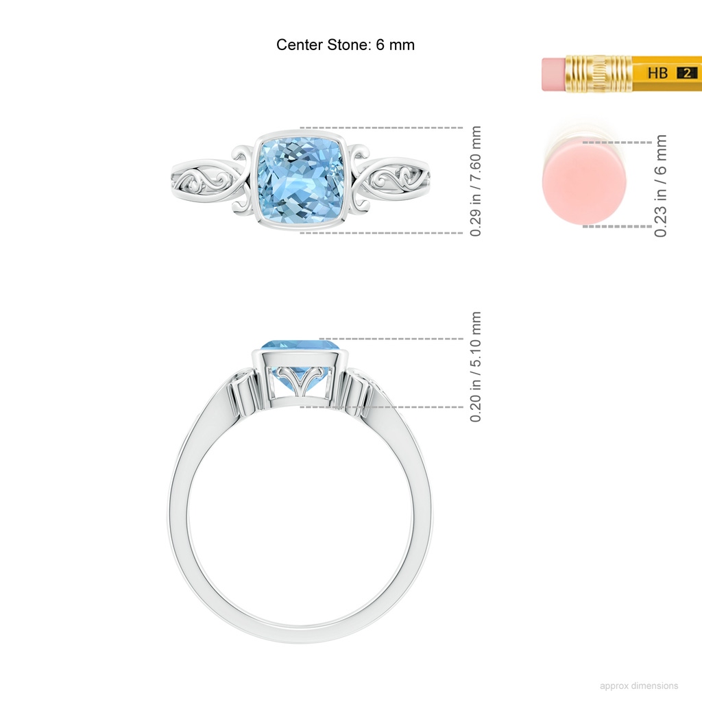 6mm AAAA Vintage Style Cushion Aquamarine Solitaire Ring in White Gold ruler